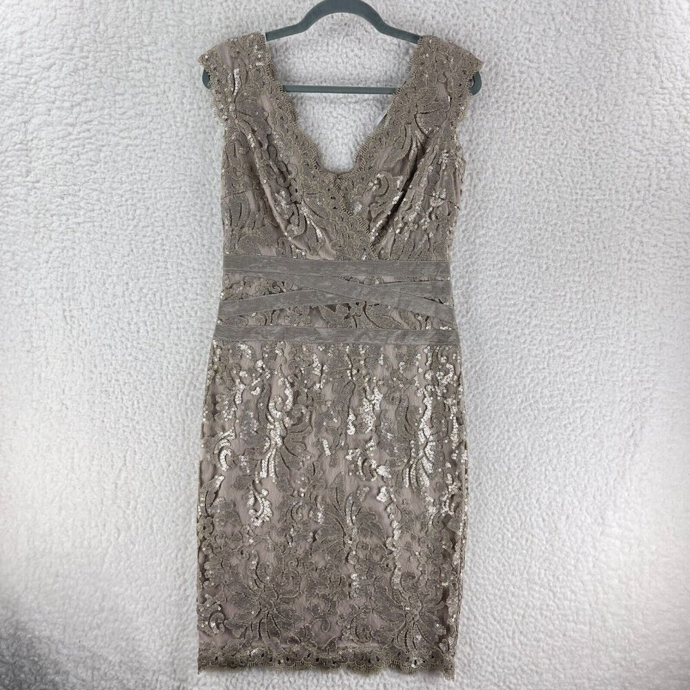 Tadashi Soji Smoke Pearl Pailette Embroidered Sequins Banded Dress Womens Size 8